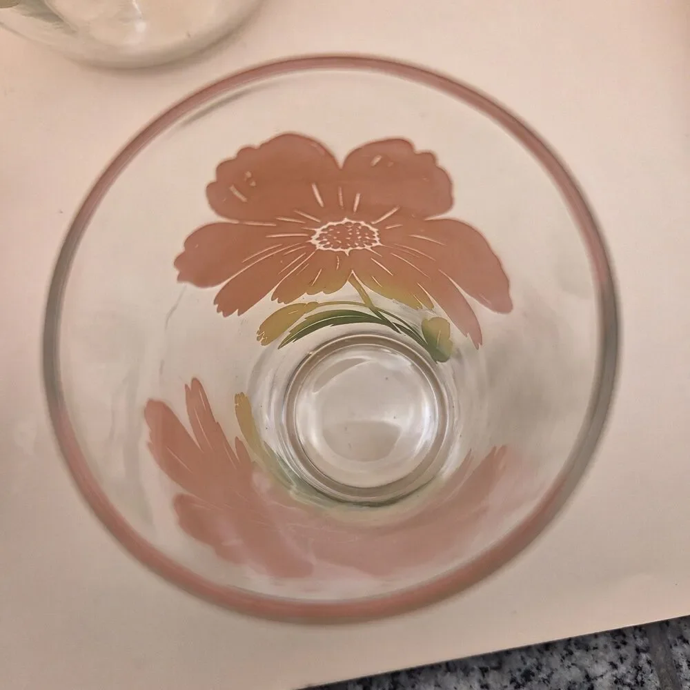 Clear Glass 1 Qt Pitcher & 3 Tumblers 4pc Set Orange Green Floral MCM Decor